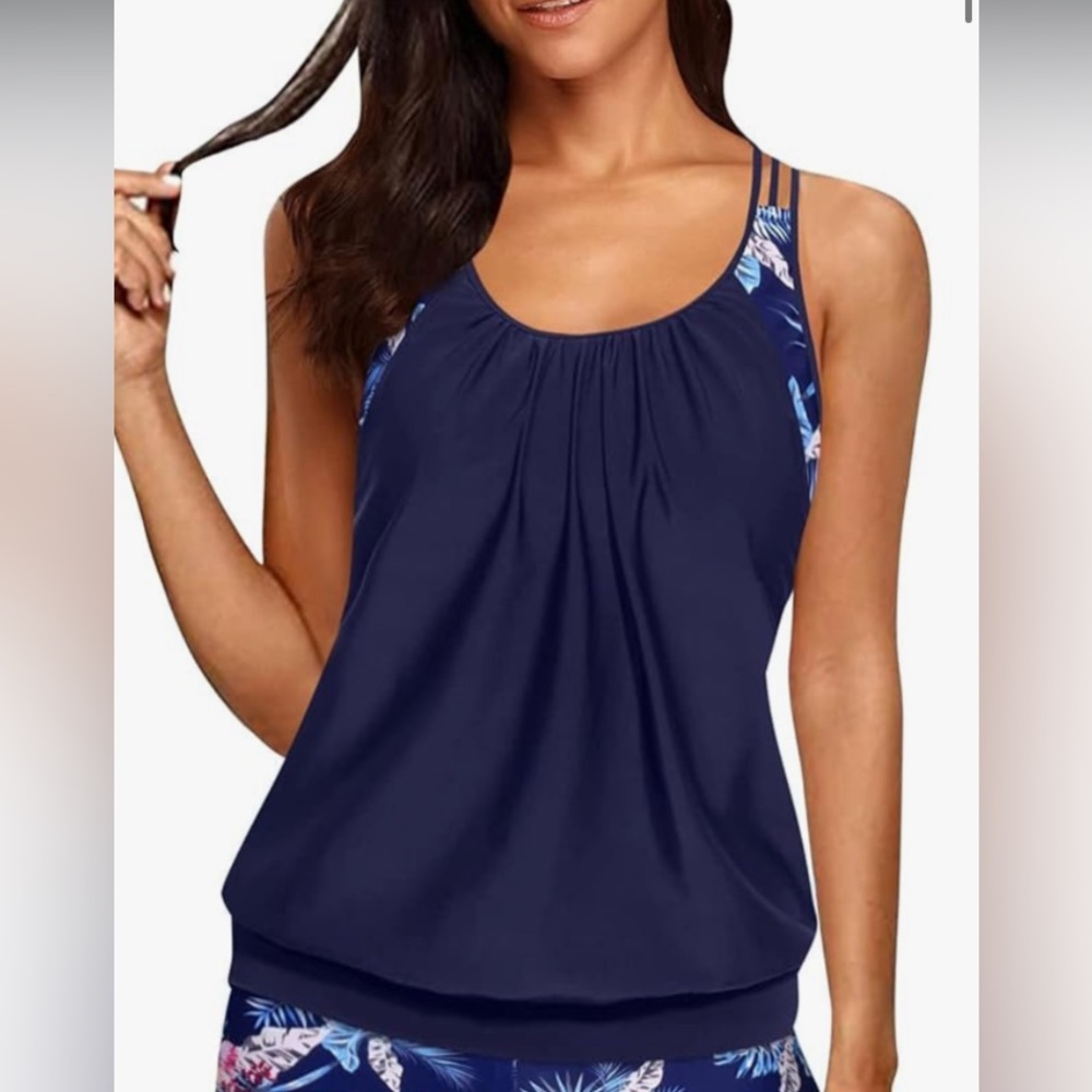 NWT Holipick Navy Double Up Blouson Tankini Swim Top Size 22W
